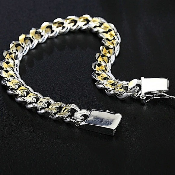 Cuban Chain Link Sterling Silver Gold Two Tone Silver Unisex Bracelet - Picture 5 of 5
